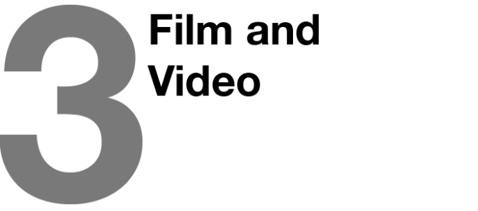 3 film and video grey three and writing in black stating film and video