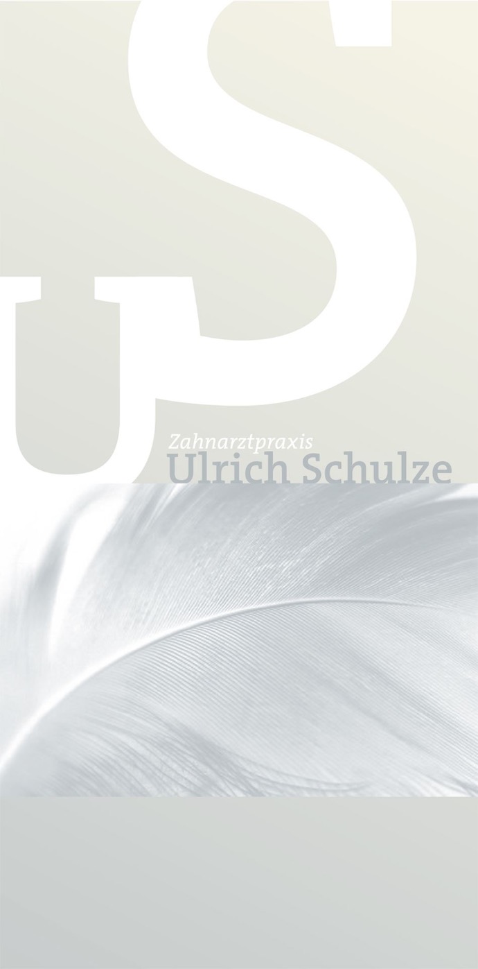 outdoor signage for ulrich schulze vertical signage for ulrich schulze dental practice, white color on beige background and white feather underneath