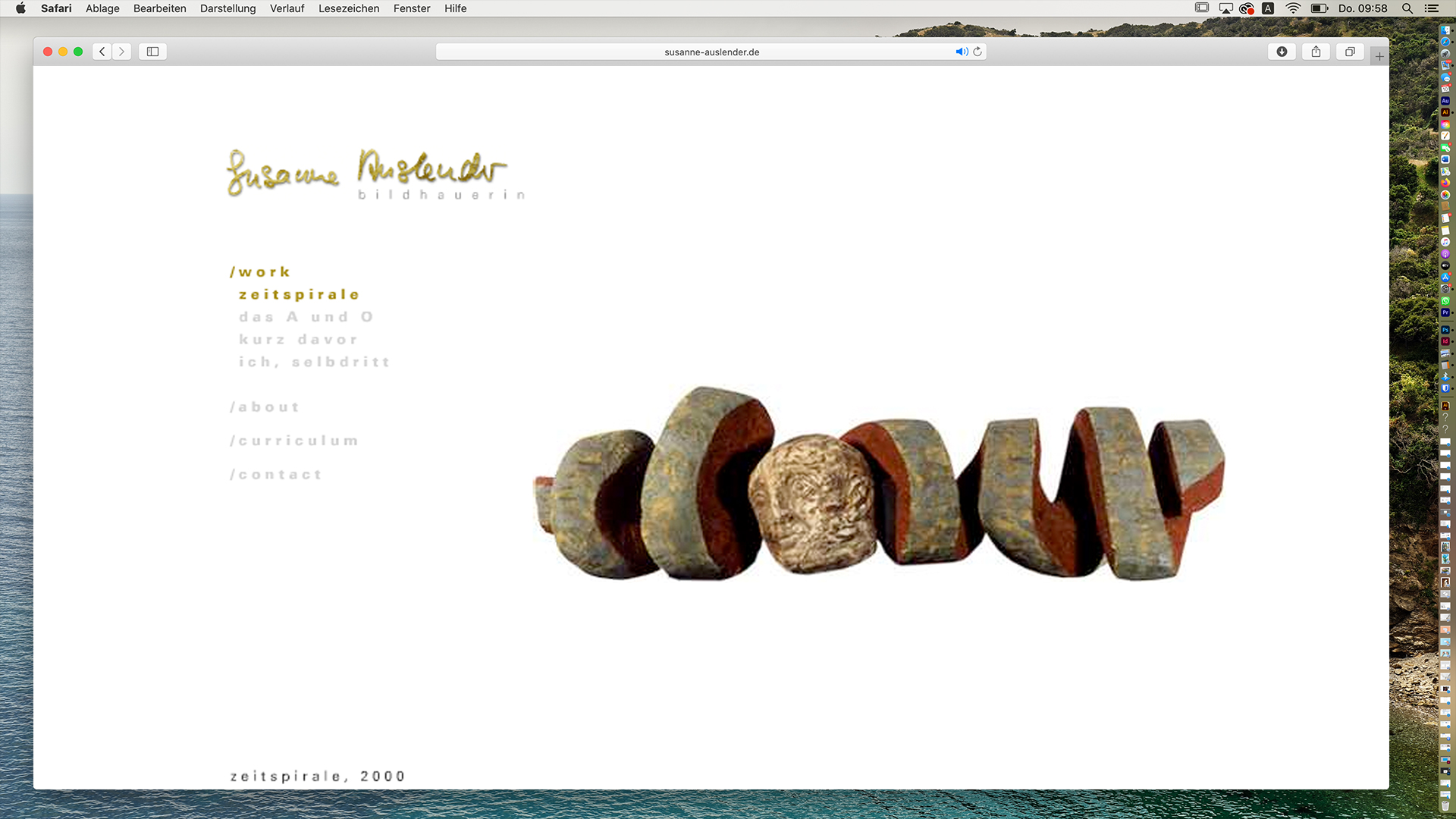 curled wooden sculpture with multi-faced head in the middle on a white background with font on the left
