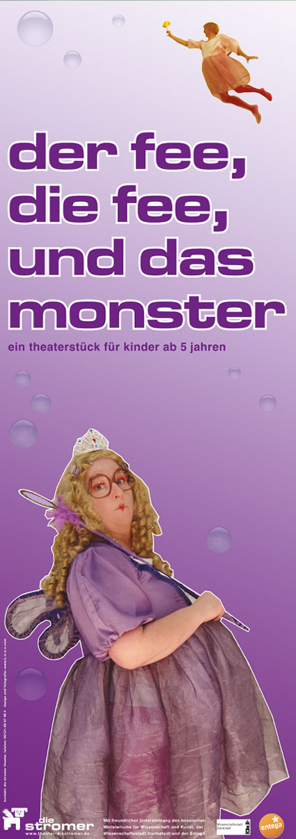 der the he-fairy, the she-fairy and the monster team — poster for the play obese female fairy in purple silk dress and way too big glasses and diadem in front of purple background, while top right a male fairy flies through the picture