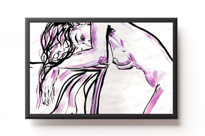 the purple beauty woman bent over, drawn with ink and purple crayon