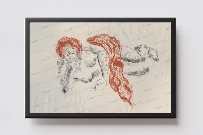 naked woman in a lateral lying position, covered with an orange colored cloth, drawn on yellowish paper