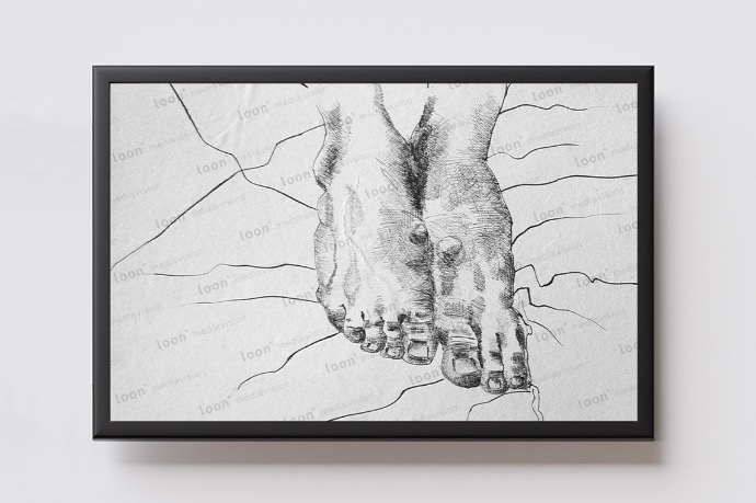 bony feet on fabric, drawn 